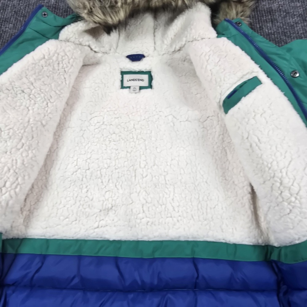 Lands End Parka Youth XL 18-20 Green Faux Fur Hood Down Insulated Winter Coat - Picture 6 of 13
